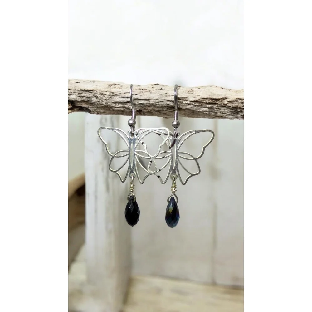 Butterfly Dangle Earrings, Stainless Steel Black Metallic Glass Teardrop Beads